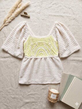 Dex White Top with Chartreuse Crochet Panel